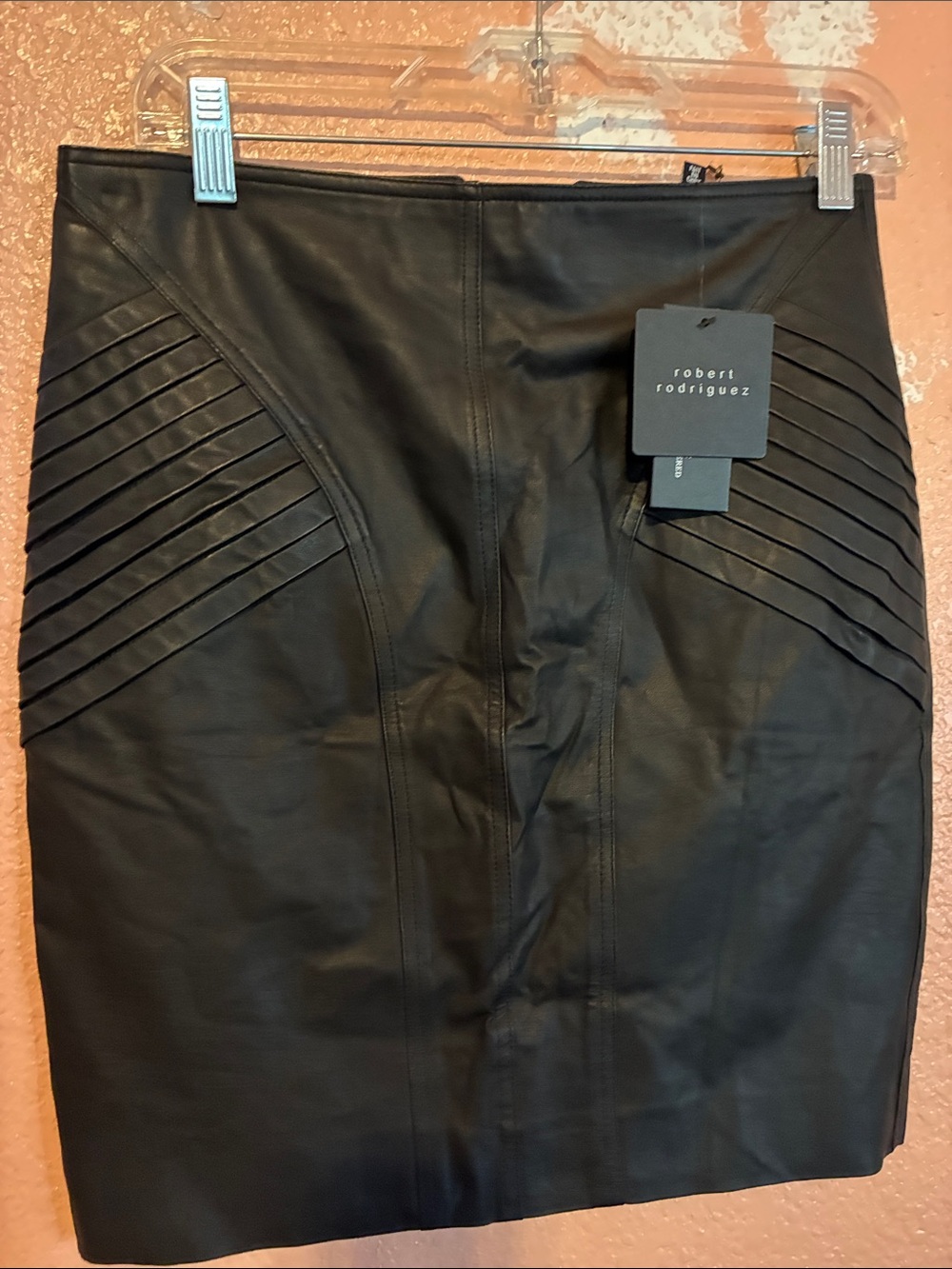 Robert Rodriguez Black Faux-Leather Pleated-Panel Pencil Skirt